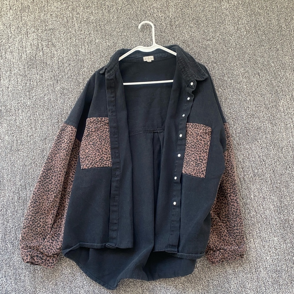 Black and Leopard Print Button-Up Shirt